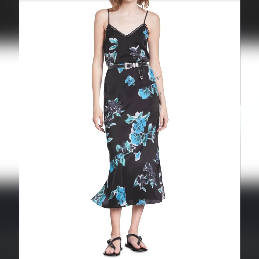 The Kooples Floral Black and Blue Spaghetti Strap Dress